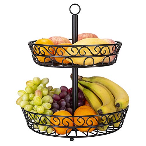 TOROTON Obst Etagere 30 cm, Obstkorb Schwarz mit 2 Stöckig, Obstschale Metall für mehr Platz auf der Arbeitsplatte