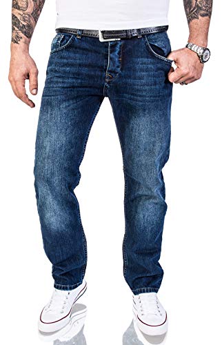 Rock Creek Herren Jeans Hose Regular Fit Jeans Herrenjeans Herrenhose Denim Stonewashed Basic Raw Straight Cut Jeans RC-2140 Dunkelblau W34 L30