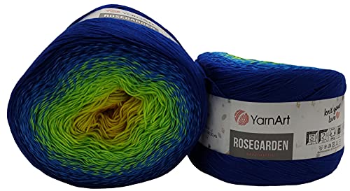 YarnArt Rosegarden, 500 Gramm Bobbel Wolle Farbverlauf, 100% Baumwolle, Bobble Strickwolle Mehrfarbig (blau grün gelb 320)