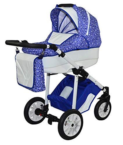 Skyline Kombi 3in1 Kinderwagen mit einem Aluminium Gestell, Babywanne, Sport Buggyaufsatz und Babyschale (ISOFIX) (Blaue blumen)