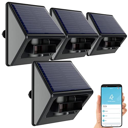 Luminea Home Control App-Bewegungsmelder: 4er-Set Outdoor-PIR-Sensoren, Solarpanel, App, IP55, ZigBee-kompatibel (WLAN-Bewegungsmelder Akku)