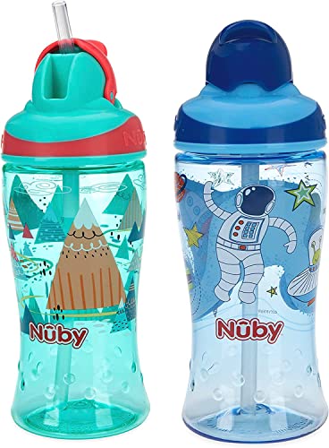 Nuby Thirsty Kids Flip-it-Becher mit dünnem, weichem Strohhalm, kein Verschütten, 18+ Monate, (Abenteuerberge/Weltraum)