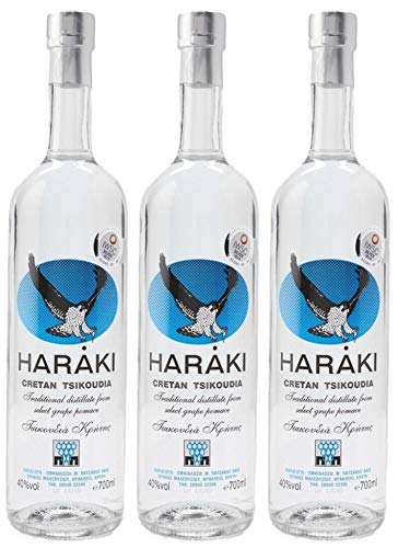 Raki von Kreta 3x 0,7l 40% Haraki Kretaraki Tsikoudia | Griechischer Tresterbrand ohne Anis | 100% Destillat | + 1 x 20ml Olivenöl"ElaioGi" aus Griechenland