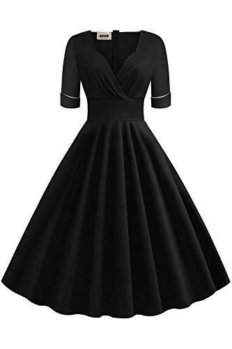 AXOE Damen Elegant Rockabilly Kleid 60er Jahre Vintage Baumwolle Einfarbig Schwarz, Gr.40, L