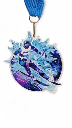 Trophy Monster Große Ski-Medaillen mit blauen Bändern in Großpackung, aus 3 mm dickem, bedrucktem Acryl, Größe 60 mm, 10 Stück