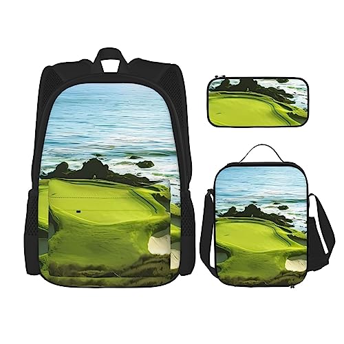 PartyUnix Strand Golfplatz Prints Rucksack 3-teilig Schulranzen mit Lunchbox und Federmäppchen Set - Geeignet für Jungen und Mädchen, Schwarz , Einheitsgröße, Kinderrucksack