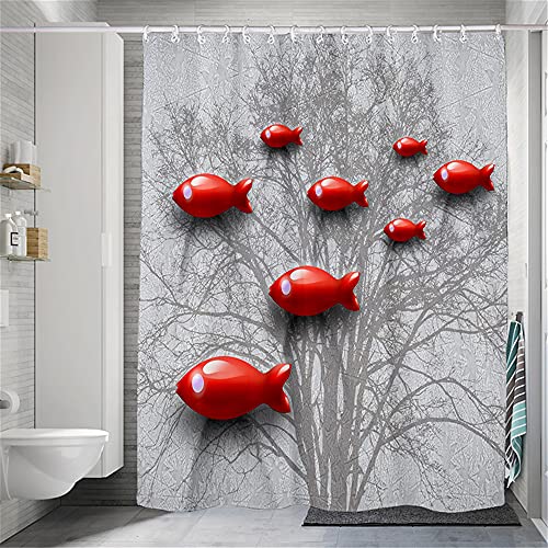 Duschvorhang, Anti-Schimmel Roter Fisch Großer Baum Wasserabweisend Waschbar Duschvorhäng Polyester Badvorhang 180 x 200 cm
