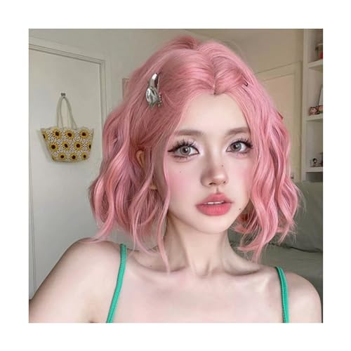 Bequem 1 Stück, 32 cm kurze Damenperücke, rosa, flauschiges, natürliches, kurzes, lockiges Haar, volle Kopfbedeckung Atmungsaktiv