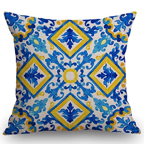 SSOIU Portugiesisches Azulejo-Kachel-Muster, Baumwolle, Leinen, dekorativer Kissenbezug, quadratisch, 45,7 x 45,7 cm