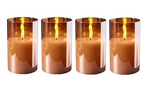 Hochwertige LED Adventskerzen im Glas - 4er Kerzenset/Sparset - Timer - Realistisch Flackernd - Kerze Weihnachten/Weihnachtskerzen/Adventskranz (Amber, Mittel - Höhe 12,5cm / Ø 7,5cm)