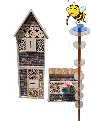 Gartendeko-Stecker mit Lichteffekt, Sonnenfänger als funktionale Bienentränke + 2X BIENENHAUS Insektenhaus,XXL Bienenstock & Bienenfutterstation für Wildbienen, Hummeln, Hellbraun