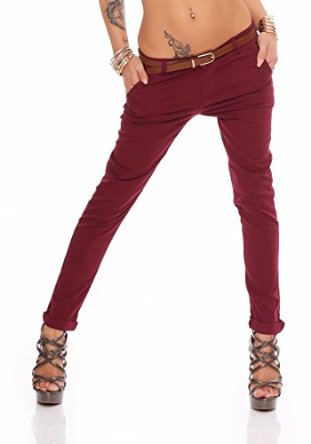 Fashion4Young Damen Skinny Chino Pant Hautenge Treggings Stretch-Stoff Damenhose mit Gürtel (L=40, Weinrot)