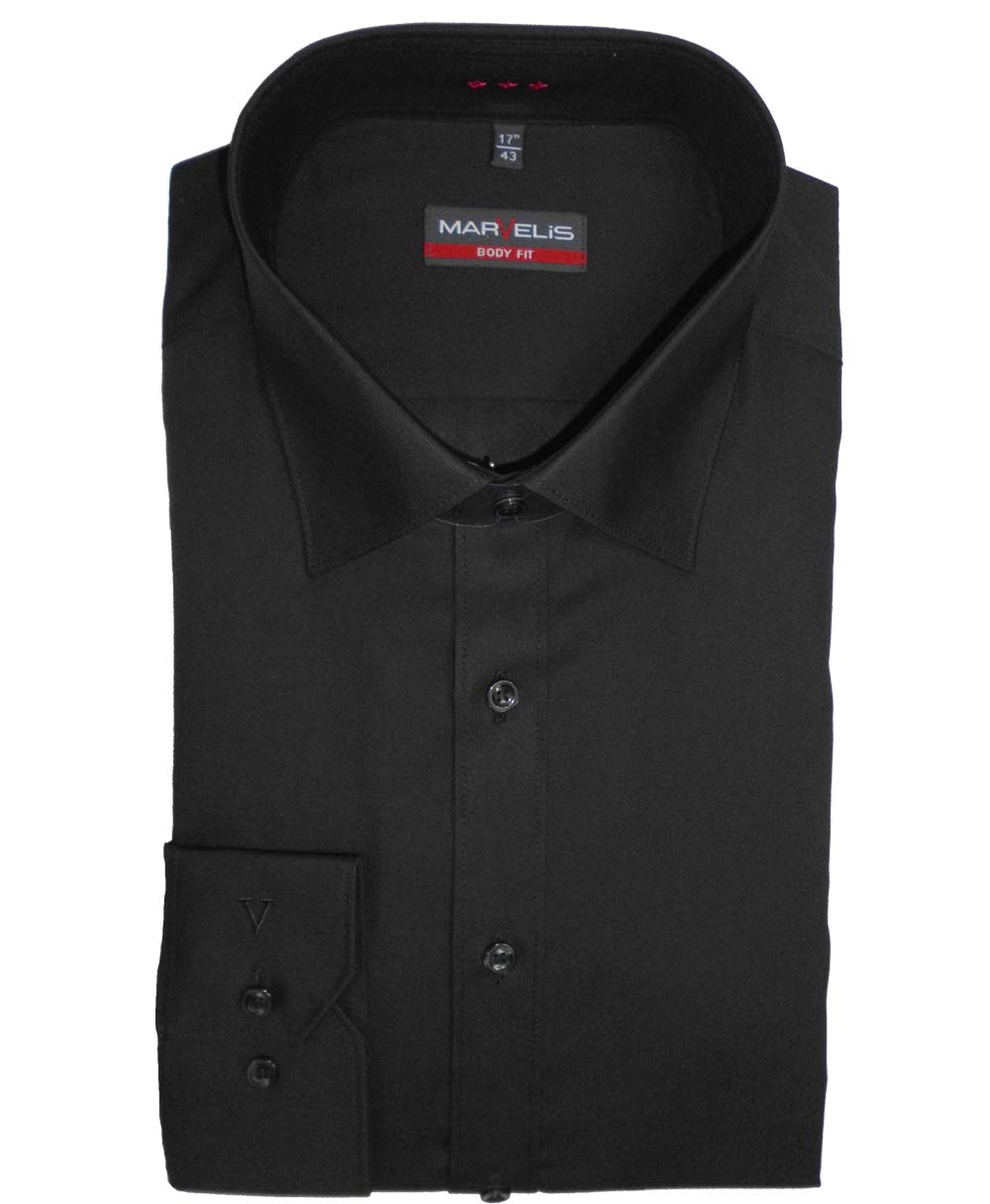 Marvelis Herren Businesshemd Body Fit, extralang, Kent-Kragen, Uni Popeline, 100% Baumwolle, schwarz 68, 41