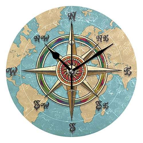AUUXVA Vintage nautischer Kompass Weltkarte runde Acryl-Wanduhr, geräuschlos, nicht tickende Kunstmalerei für Kinderzimmer, Schlafzimmer, Wohnzimmer, Büro, Schule, Heimdekoration