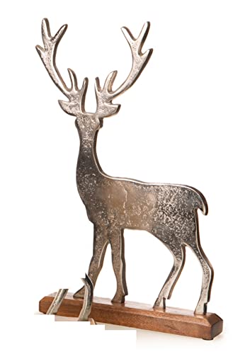 ETC dekorative Deko-Hirsche Hirschfiguren als Flache Silhouette aus Aluminium auf Holzfuß (Silber groß)