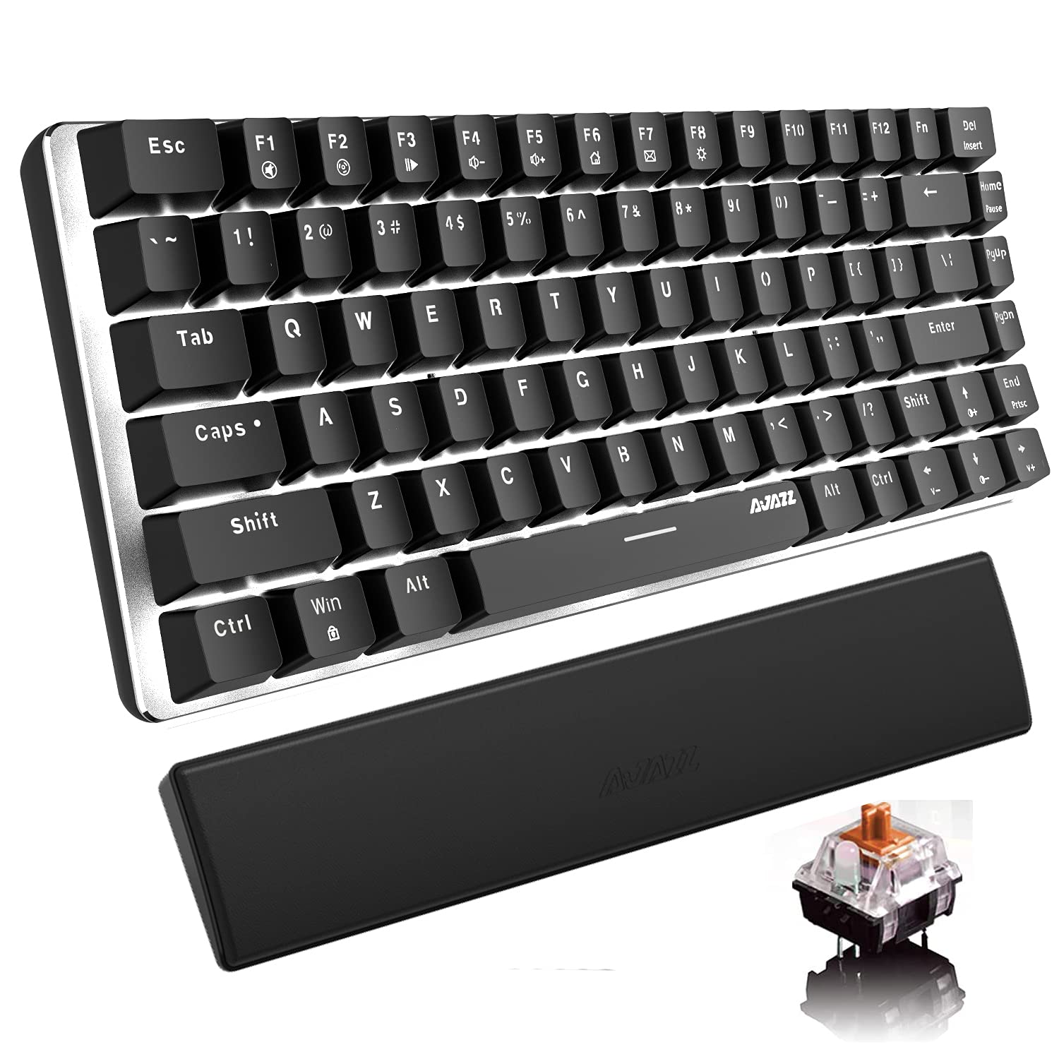 Mechanische Tastatur-Handgelenkstütze AK33 White LED Backlit USB-Kabel-Gaming Mechanische Tastatur, 82-Taste Kompakte Tastatur PU-Leder Memory Foam-Handgelenkrest für Gamer(brauner Schalter, schwarz)