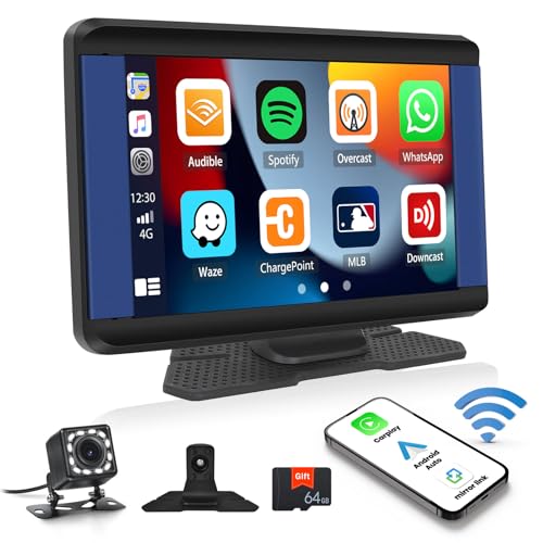 OiLiehu Autoradio Wireless Apple CarPlay Android Auto 1080P IPS 7 Zoll Autoradio mit Bildschirm Unterstützung Mirror Link/FM/Bluetooth/AUX/EQ/USB/64G TF-Karte für 7-32V + Rückfahrkamera