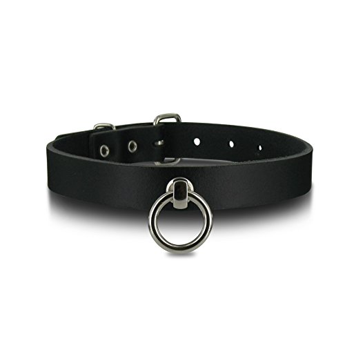 SiaLinda Halsband Gothic Leder schwarz, schmal, Stabiler O-Ring 20mm, Echtleder