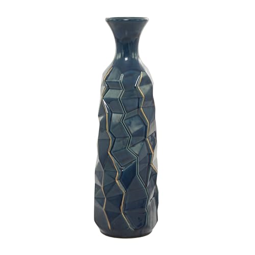 Deco 79 Facettierte Keramikvase mit goldenen Akzenten, 15,2 x 15,2 x 53,3 cm, Blau