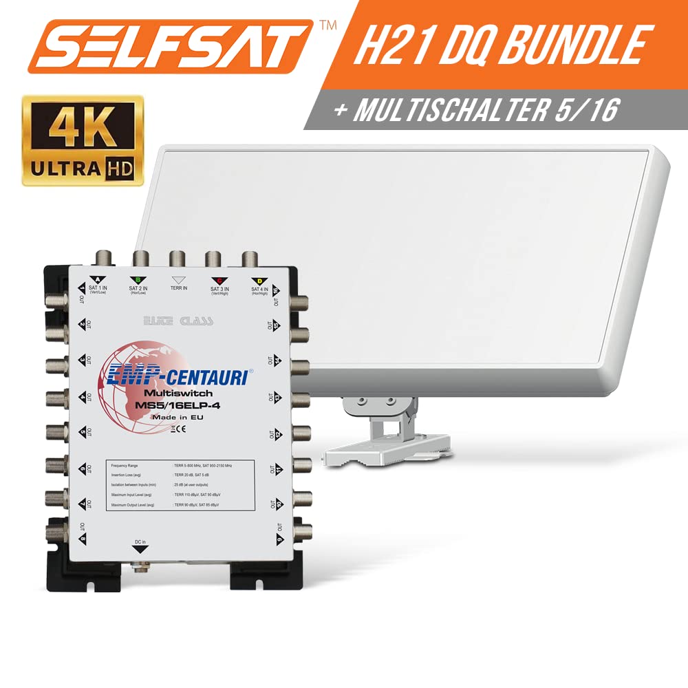 Selfsat H22DQ 16 TV Teilnehmer SAT Flachantenne Flat + Multischalter 5/16 Full HD 4K