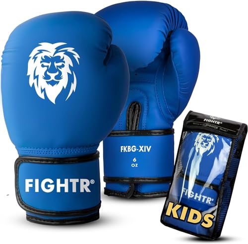 FIGHTR® Kinder Boxhandschuhe mit bestem Sitz für maximalen Schutz | Junior Jungen und Mädchen | für Boxen, MMA, Muay Thai, Kickboxen & Kampfsport 04 06 oz | inkl. Tragetasche (Blau, 06 oz)