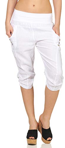 Malito Damen Hose aus Leinen | Stoffhose in Uni Farben | Freizeithose mit Knöpfen | Chino - Capri - Strandhose 7988 (weiß, XL)