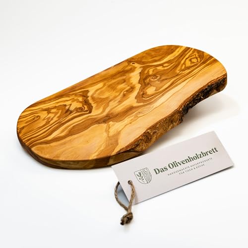 das Olivenholzbrett, Schneidebrett Olivenholz, Brotzeitbrett aus Holz mit naturbelassenem Rand, 30 cm
