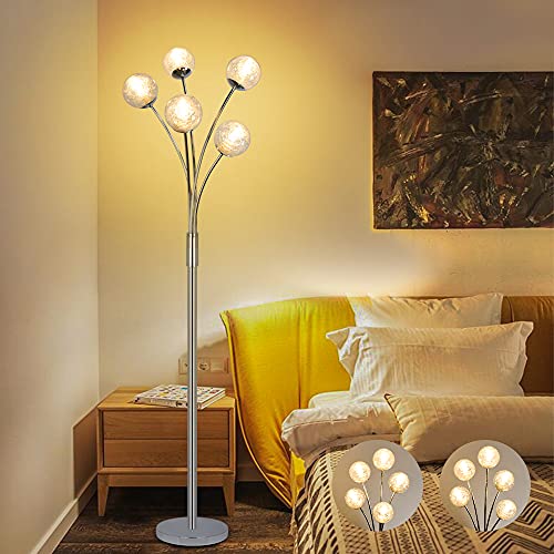 Depuley Stehleuchte, 5 LEDs, Glaskugel, mit flexiblem Leselicht & Fußschalter, modernes Design, Standleuchte, Wohnzimmerlampe, Wohnzimmer, 177.5 cm (Leuchtmittel G9 nicht im Lieferumfang enthalten)