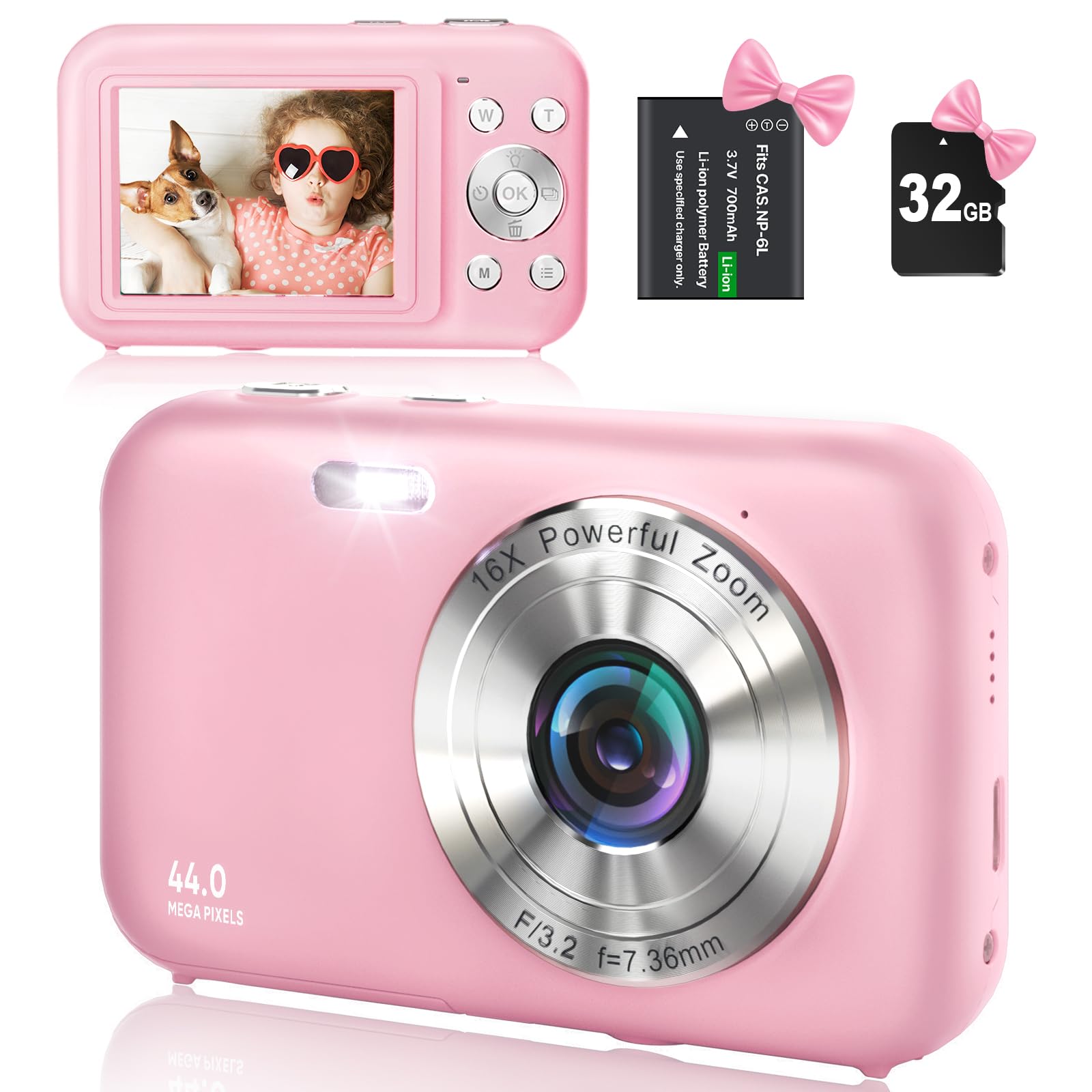 Digitalkamera Fotokamera Kompaktkamera mit 32GB SD-Karte, HD 1080P 44MP, Kamera fotokamera Fotoapparat, LCD Wiederaufladbare Digital Kamera mit 16X Digitalzoom digicam für Kinder, Erwachsene(Rosa)