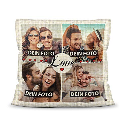 Kissen mit Füllung - Fotocollage selbst gestalten mit Spruch - Love - mit Vier eigenen Fotos - Geschenkidee Fotokissen Kissen Leinenoptik- Natur