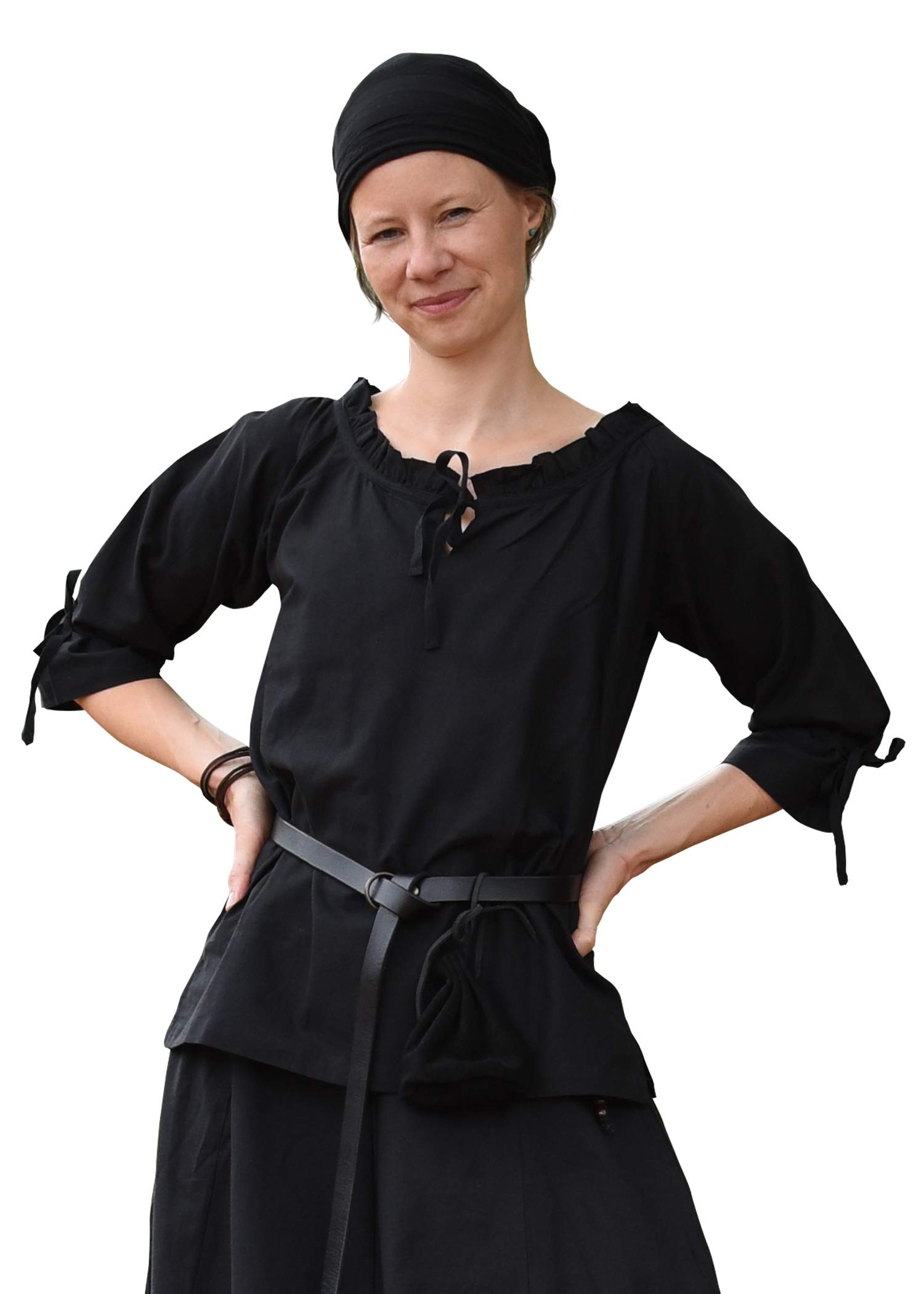 Battle-Merchant Mittelalter Bluse Birga | LARP Bluse aus Baumwolle mit 3/4 Arm | Mittelalter Kleidung für Damen (Schwarz/L)
