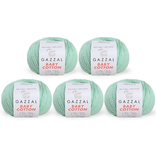 Gazzal Baby-Baumwolle, 50 g, 165 m, weich, feines Babygarn, 60 % Baumwolle (Pastellgrün – 3425)