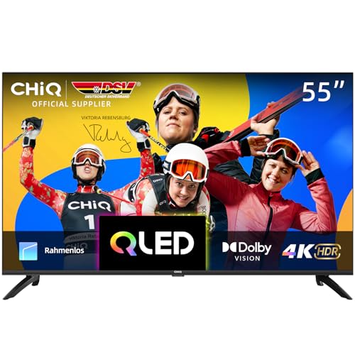 CHIQ U55QH7C 55-Zoll-Smart-TV-Gerät, 4K QLED, Dolby Vision HDR10, rahmenloses Design, Works with Alexa, Netflix, Prime Video, Google Play, BT5.0, HDMI2.0, USB2.0, Modell 2023 Schwarz