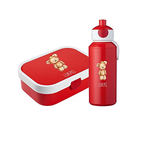 4you Design Set: rote Brotdose & Trinkflasche für Kinder -BÄR mit Krone- personalisiert mit Namen – inkl. Bento Box, Gabel & Pop-Up Flasche, Einschulung (Rot)