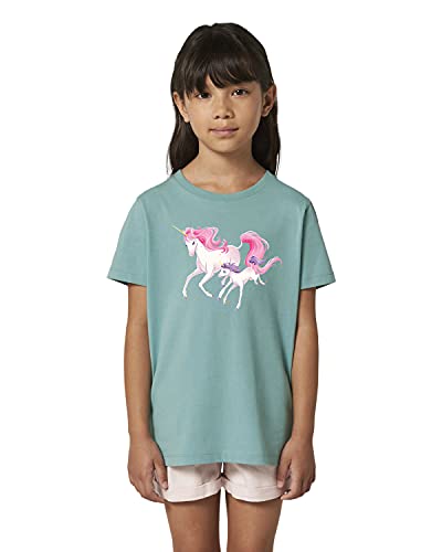 Hilltop Hochwertiges Kinder Mädchen T-Shirt aus 100% Bio Baumwolle mit wunderschönem Einhorn Motiv, Premium Kinder Tshirt für Freizeit und Sport, Size:122/128, Color:Teal Monstera