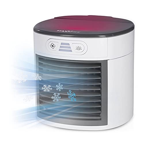 MAXXMEE Luftkühler Kompakt | 3 einstellbare Leistungsstufen | Luftkühler und Luftbefeuchter | UV-Licht, Ventilator mit waschbarem Schwammverdunstungselement | Wassertank (450 ml) [weiß/grau]