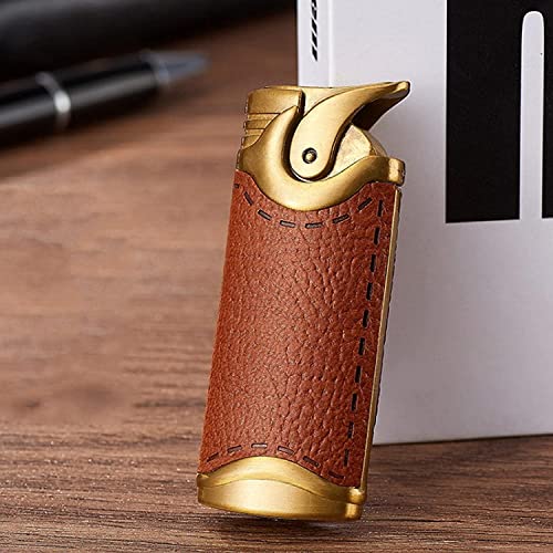 Metall Leder Jet Feuerzeug, Vintage Butan Nachfüllbar Gas Torch Jet Feuerzeuge Winddicht Blau Flam Feuerzeug Gadget Männer Geschenke (Color : Brown)