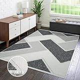carpet city Teppich-Läufer Kurzflor Flur - Grau - 80x150 cm - Teppiche Fransen Boho-Style - Geometrisches Muster - Schlafzimmer, Wohnzimmer