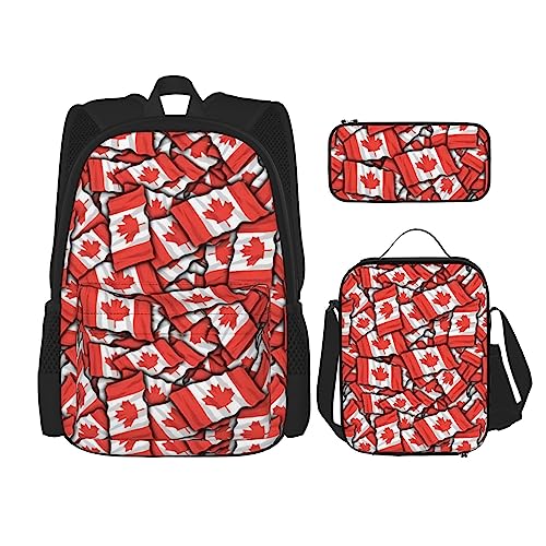 PartyUnix Rucksack mit kanadischer Flagge, 3-teilig, Schulranzen mit Brotdose und Federmäppchen, geeignet für Jungen und Mädchen, Schwarz , Einheitsgröße, Kinderrucksack