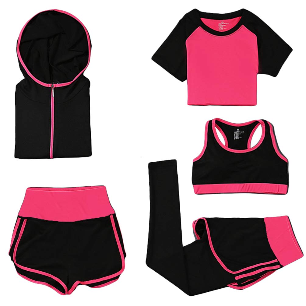 Xinwcang Damen Trainingsanzug 5 Stück Set Trainingsanzug Laufbekleidung Set Stretch-Fit Yoga Kleidung Set Rot XL