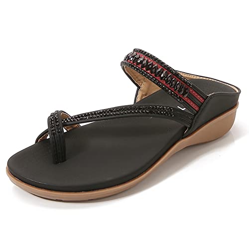 Women's Summer Flip Flops,Summer Bohemian Rhinestone Flat Sandals Toe Separator Shoes,Schwarz,37