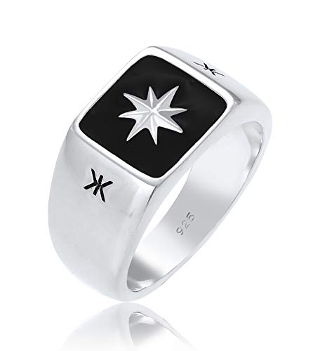 Kuzzoi Siegelring Herrenring, massiv 11 mm breit in 925 Sterling Silber, Oberfläche Emaille schwarz mit Stern Design, Ring für Männer in der Ringgröße 54, 0601112320_54