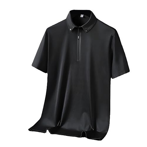 Luxuriöses Herren-Poloshirt aus Eisseide, Poloshirt mit Reißverschluss für Herren, kurzärmlig, Stretch-Poloshirt mit schmaler Passform, Anti-Falten-T-Shirt für Herren (Schwarz,XL)