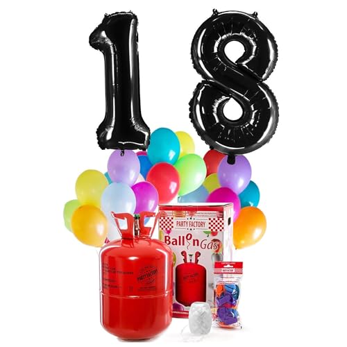 PARTY FACTORY Helium Geburtstags-Komplettset "18" - mit XXL Zahlenballons, 0,4m³ Ballongas, Ballonschnur & 30 bunten Latexballons - für Geburtstag, Jubiläum, Jahrestag in versch. Farben (Schwarz)