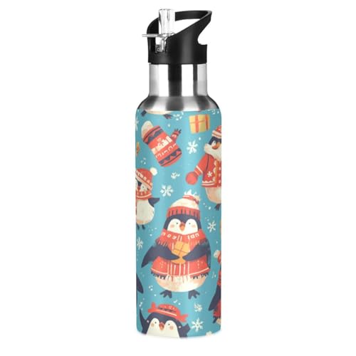 Cartoon Süße Pinguine Weihnachten Trinkflasche Wasserflasche mit Strohhalm für Sport, 600ML Thermosflasche BPA-frei Isolierflasche Edelstahl 18/8 für Kinder Wandern Schule