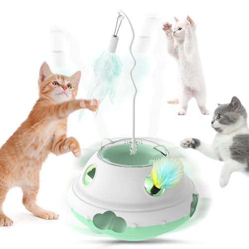 Pawaboo Interaktiv Katzenspielzeug, 3 In 1 Katzenspielzeug Elektrisch mit Einziehbaren Federn und LED-Licht Automatisches Spielzeug, Slow Feeder Intelligenzspielzeug für Innenbereich Katzen
