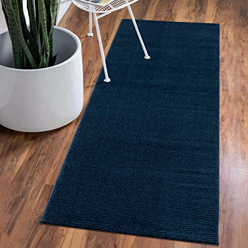 Teppich Einfarbig Blau Flur - Kleiner Läufer 80x150 cm - Hochtief-Streifen-Muster, 3D-Effekt - Kurzflor Teppiche Modern - Deko Home&Living