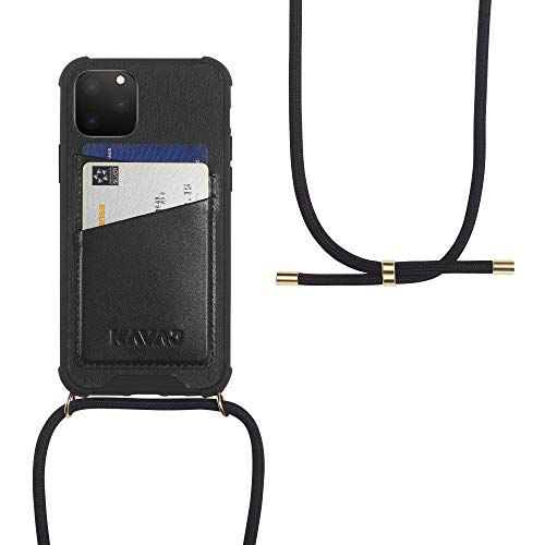 KAVAJ Hülle mit Band geeignet für Apple iPhone 11 Pro 5.8" Leder - Amsterdam - Handyhülle Handykette Handytasche mit Kette zum Umhängen - Kordel Schwarz/Ring Gold