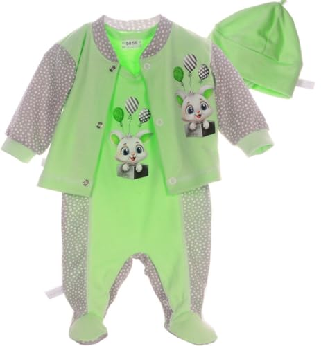 Strampler Mütze und Hemdchen Set Baby Anzug 3tlg 44 50 56 62 68 74 aus reiner Baumwolle (grün, 56-62)