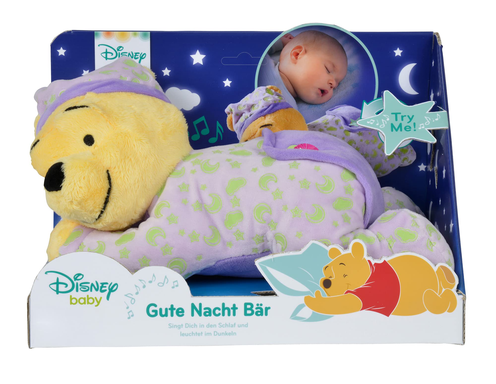 Simba 6315874904 - Winnie Puuh, Bär, Kuscheltier, mit Gute-Nacht-Melodie, leuchtet im Dunkeln, 30 cm, für Babys ab dem ersten Monat